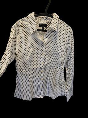 🤍 Banana Republic Stretch-Cotton Hourglass Shirt – White/Navy Print (Size 14)